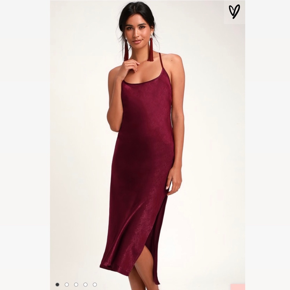 Lulus Caulmond Burgundy Satin Midi Slip Dress